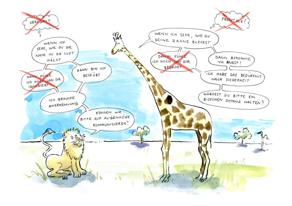 Comoczeichnung Lowe und Giraffe beim Üben gewaltfreier Kommunikation